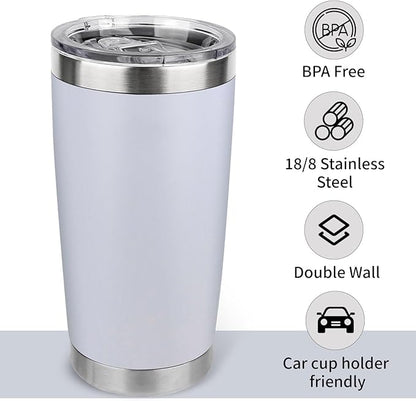 20oz Stainless Steel Tumbler Bulk with Lid, Travel Mug - Double Wall Vacuum Powder Coated Cup - White, 6 Pack
