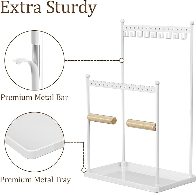 3 Tier white Jewelry Stand, Necklace Organizer, Earring Holder with 44 Holes and 9 Hooks, for Necklaces, Bracelets, Rings
