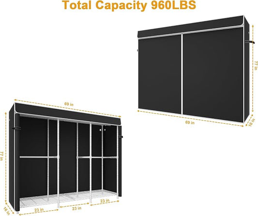 ULIFHOME E14C Pro Heavy Duty Closet Organizer System，Freestanding Clothing Racks for Hanging Clothes，Adjustable Garment Rack 69" W × 16" D × 77" H Hold 960 lbs，White Rack with Black Dustproof Cover