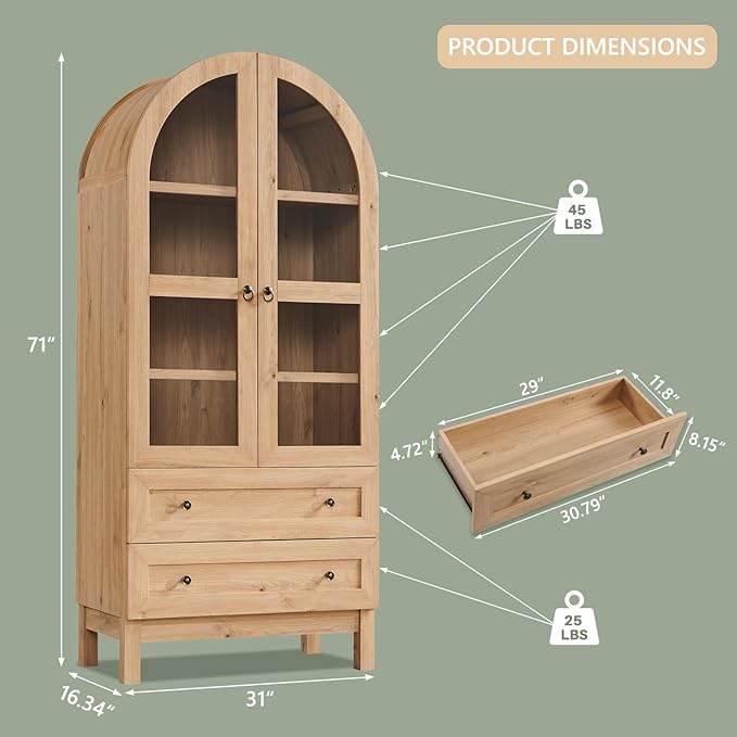 71" Tall Arched Bathroom Storage Cabinet, 4-Tier cabinet w/2 Large Drawers &Adjustable Shelves, Wooden Bathroom Floor cabinets w/Glass Doors, Modern Farmhouse Versatile Cabinets for bathroom, Natrual