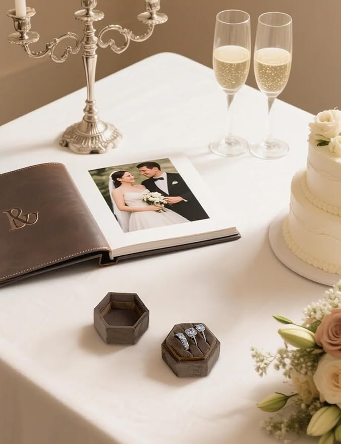 Velvet 3 Slots Jewelry Ring Box Engagement Wedding Box Keepsake Box Bridal Photo Ring Triple Slots Hexagon