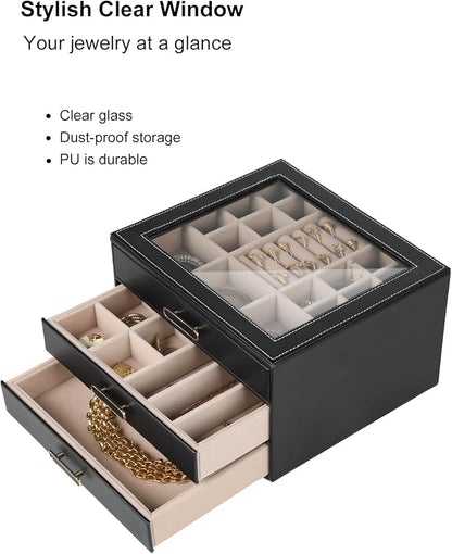 3 Layer Jewelry Organizer Box with Glass Lids & 3 Drawers - Elegant Storage Solution for Necklace, Rings，Earrings, and Bracelets - Perfect for Women ASK-301 (Black)