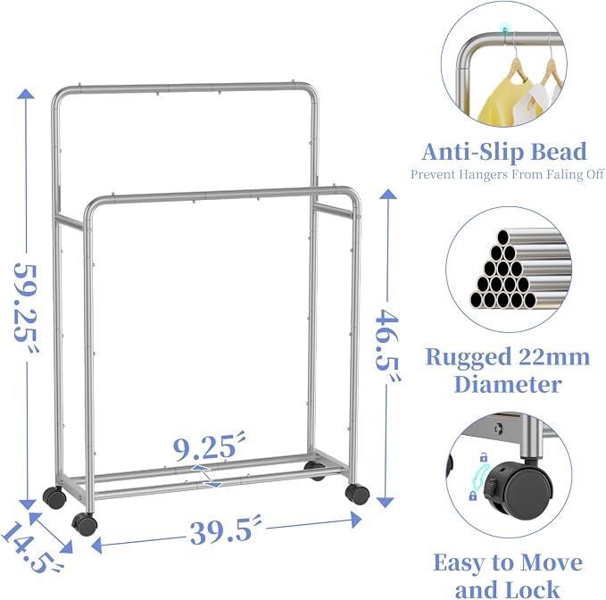 Simple Trending Clothing Clothes Rack Double Rods with Wheels, Rolling Metal Garment Rack for Hanging, Silver