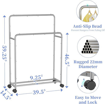 Simple Trending Clothing Clothes Rack Double Rods with Wheels, Rolling Metal Garment Rack for Hanging, Silver