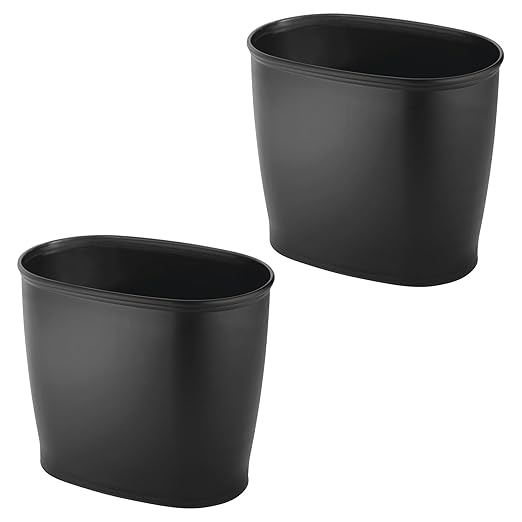 iDesign Slim Plastic Bathroom Trash Can, Small Garbage Bin for Bedroom, Office, Desk, Dorm, 2-Pack, Black