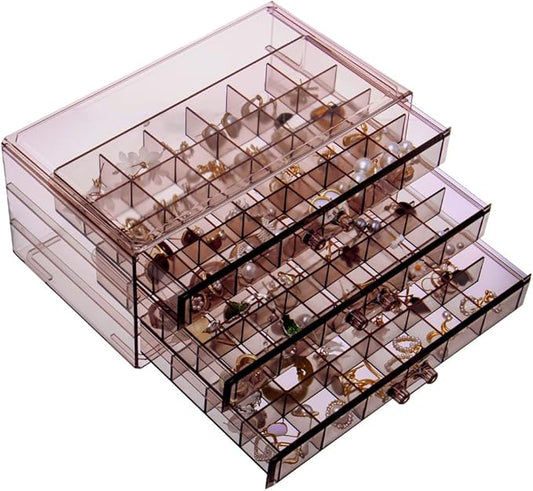 YUFONG Earring Storage Box Organizer 3 Drawers Acrylic Jewelry Storage Box Holder Transparent Jewelry Display Stand with 72 Small Compartments Gift for Women Girls (Clear Purple Brown)