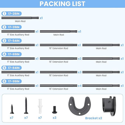 Closet Rods for Hanging Clothes, 17 to 69 Inch Stepless Adjustable Closet Rod, 1.3 Inch Diameter Metal Heavy Duty Closet Hanging Rod for Closet Wardrobes Laundry RV, Black