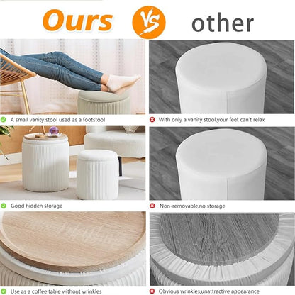BLEXA Round Ottoman with Storage Set of 2-Upholstered Velvet Vanity Stool for Makeup Multifunctional Ottomans Coffee Table Padded Seat Foot Rest for Living Room&Bedroom(White-Upgrade Tray Lid)