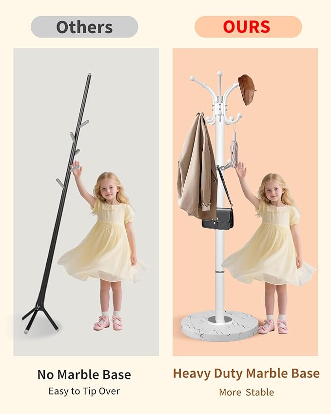 Metal Coat Rack with Natural Marble Base,360°Rotary Coat Rack Stand with 14 Hooks,Modern Freestanging Coat Racks for Entryway,Office,White Coat Jacket Hanger Tree Stand for Coats, Scarves