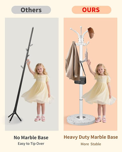 Metal Coat Rack with Natural Marble Base,360°Rotary Coat Rack Stand with 14 Hooks,Modern Freestanging Coat Racks for Entryway,Office,White Coat Jacket Hanger Tree Stand for Coats, Scarves