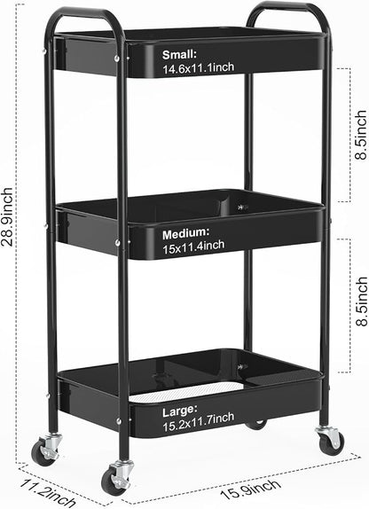 3-Tier Rolling Cart, Metal Utility Storage Carts with Wheels, Black | Multi-Functional Organizer Snack Cart Easy Assembly