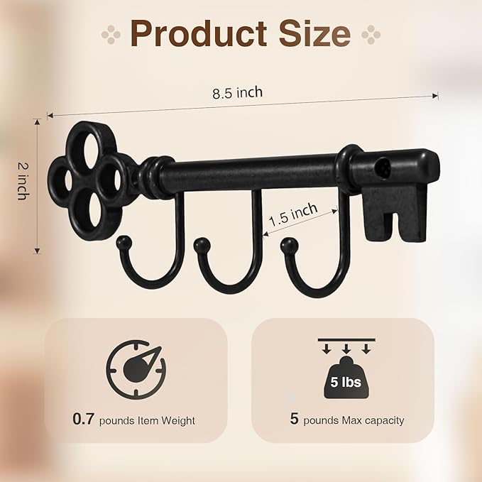 Classic Wall Mounted Key Holder Hook Rack, Vintage Key Rack for Entryway (Black)