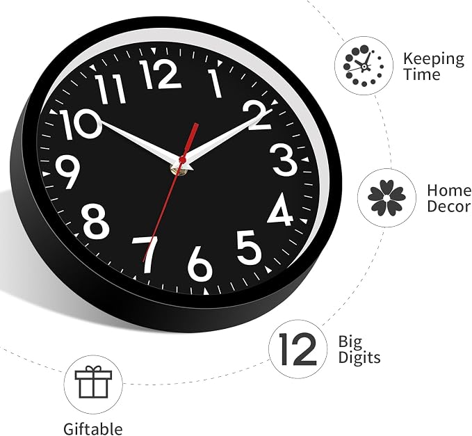 DAXSMY Wall Clock Black Battery Operated 10 Inch Simpel Silent Non Ticking Analog Decorative for Kitchen Bathroom Bedroom Office Living Room School Classroom(Black)