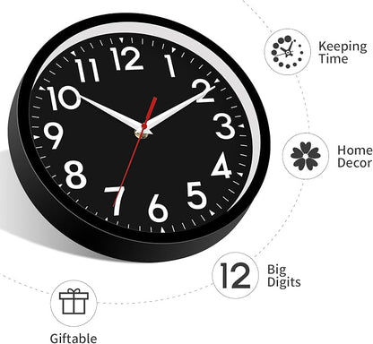 DAXSMY Wall Clock Black Battery Operated 10 Inch Simpel Silent Non Ticking Analog Decorative for Kitchen Bathroom Bedroom Office Living Room School Classroom(Black)