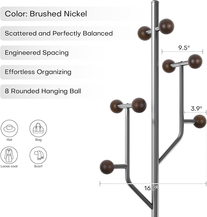 Coat Rack Freestanding with Stainless Steel Marble Base, 8 Wood Ball-shaped Hooks, Heavy-Duty Standing Rack Clother Hanger Rack Metal Coat Tree for Bedroom Entryway, Hat, Bags, Long Dresses