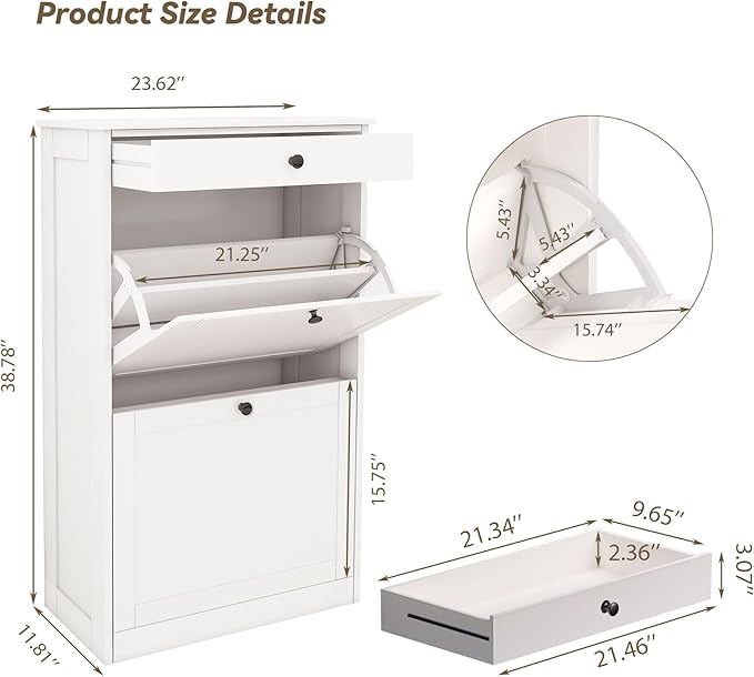 FTZxHKLX Shoe Cabinet with 2 Flip Drawers, Slim Freestanding Hidden Shoe Organizer with Drawer, Pet-Proof Shoe Storage Cabinet for Entryway Living Room Behind The Door, White