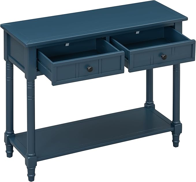 Knocbel Antique Entry Console Table with 2 Drawers & Bottom Open Shelf, Wood Sofa Tables for Entryway Hallway Living Room, 35.34" W x 13.8" D x 30.25" H, Dark Navy