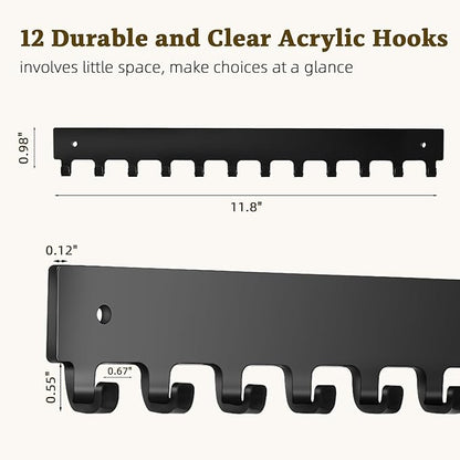 Acrylic Necklace Holder 2 Pack Wall Mounted Necklace Organizer Hanging Jewelry Organizer with 12 Hooks for Necklaces, Bracelets, Rings and Bangles Display Black
