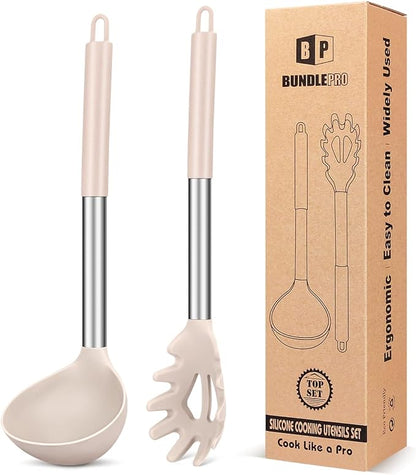 Silicone Pasta Fork and Ladle Spoon Set, Large Non Stick Kitchen Utensils for Cooking,Stirring,Serving Spaghetti, Soup, Sauce (KHAKI)