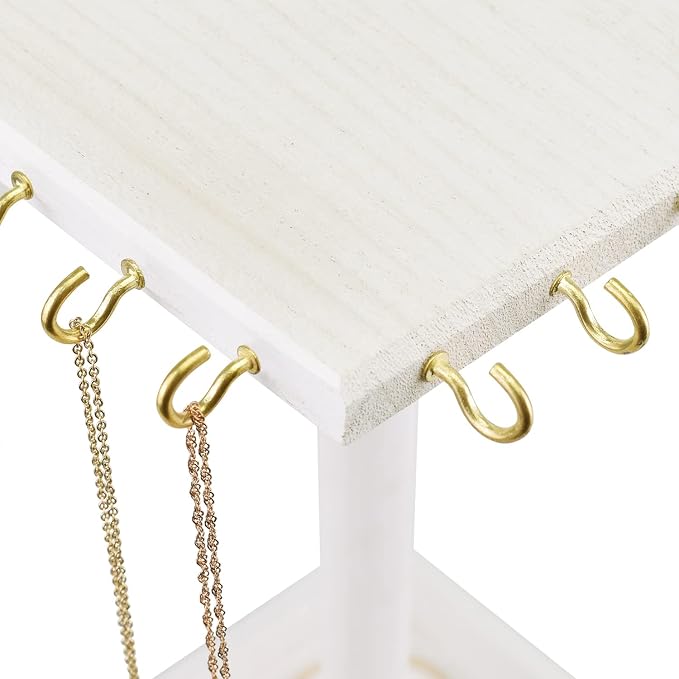 Ikee Design 2 Pcs Set Wooden Rotating Jewelry Display Stand Tower for Shows,Jewelry Organizer for Necklace and Bracelet, Rotating Necklace and Bracelet Holder Organizer,White Color