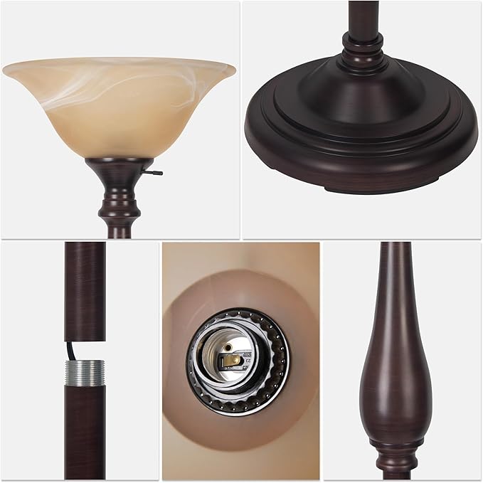 HonoDing Torchiere Floor Lamp for Living Room, Standing Lamp with Glass Shade, Iron Brushed Nickel Floor Lamps, Corner Lamps for Bedroom, Office, Reading (Dark Brown)
