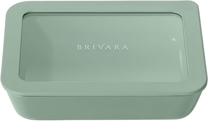 BRIVARA HOME Ceramic Coated Glass Food Storage Container | No PTFE, PFOA, PFAS, and BPA | Reusable Non Toxic Meal Prep Container with Glass Lid | Easy To Store | 3 Cup Rectangle [Willow]