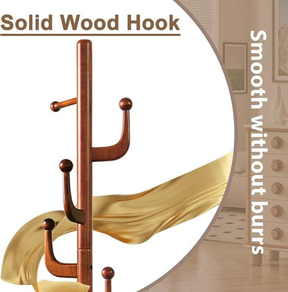 Solid Wooden Coat Rack Stand, Coat Racks Freestanding with 7 Hooks, Natural Birch Wood Coat stands with Sturdy Round Base, Tree Coat Hanger Standing for Entryway Bedroom Office (Cactus Design)