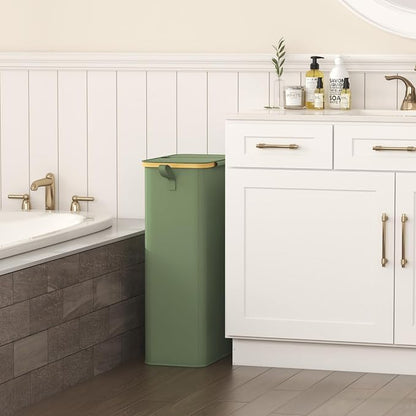 Lifewit 75L Slim Laundry Hamper with Lid, Narrow Laundry Basket with Removable Bag & Bamboo Handles, Fodable Thin Dirty Clothes Hamper for Laundry Collapsible Bin for Bathroom Bedroom Dorm, Green