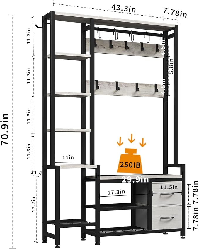 Hall Tree for Entryway 43", Bench with Shoe Storage, Large Coat Rack Shoe Bench with 5 Tier Shelves, 5 in 1 Design Front Door Shoe Rack and Wall Rack Hooks, and 2 Drawers (Rustic White)