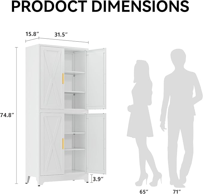 COFaR White 75” Tall Modular Storage Cabinet, Stackable 2-in-1 Metal Cabinet with 4 Doors & 6 Adjustable Shelves, Heavy Duty Pantry Cabinet, Floor to Ceiling Kitchen Organizer with Anti-Tip Kit