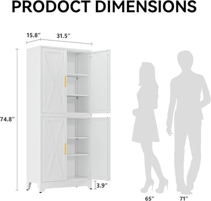 COFaR White 75” Tall Modular Storage Cabinet, Stackable 2-in-1 Metal Cabinet with 4 Doors & 6 Adjustable Shelves, Heavy Duty Pantry Cabinet, Floor to Ceiling Kitchen Organizer with Anti-Tip Kit