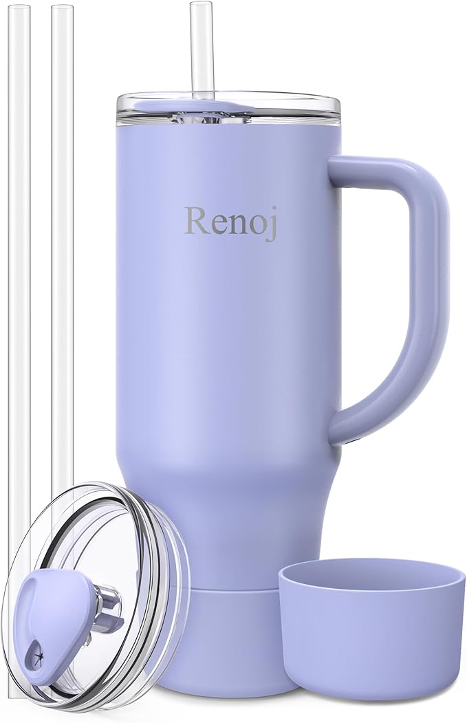 Renoj Tumbler with Handle 100% Spill Resistant Insulated Water Bottle for Iced Coffee & Hot Drinks - Fits Car Cup Holder, Ideal Gift, 2 Straws & Silicone Boot BPA-Free - FlexSlide Blue 40 oz