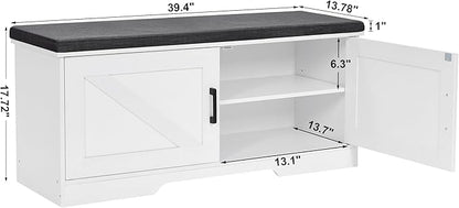 2-Tier Storage Bench, 39.4" Wide Shoe Bench with Padded Seat Cushion, Entryway Bench with 2 Barn Doors and Adjustable Shelf, White