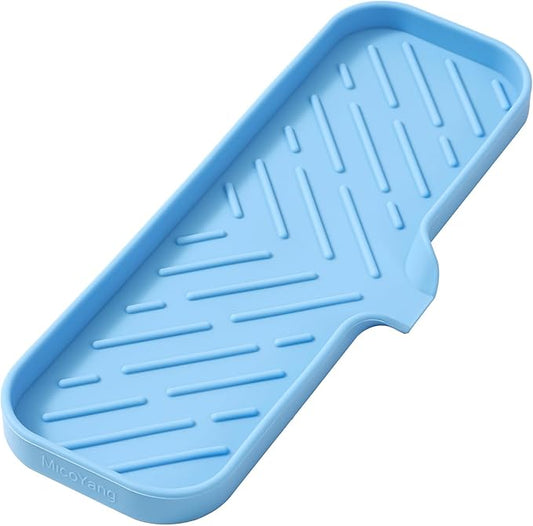 MicoYang Silicone Soap Dish with Drain Spout — Self-Draining Double Sink Organizer Tray for Kitchen & Bath, Dispensers, Sponges & Soap Holder, Non-Slip & Dishwasher Safe, Light Blue (Large, 12"×4")