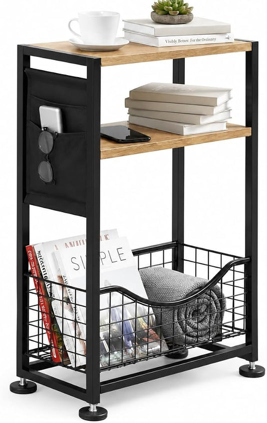Skinny Side Table with Storage, 3 Tier Slim Side Tables for Small Spaces, Skinny End Table Narrow Bedside Table Narrow Side Table for Living Room, Bedroom