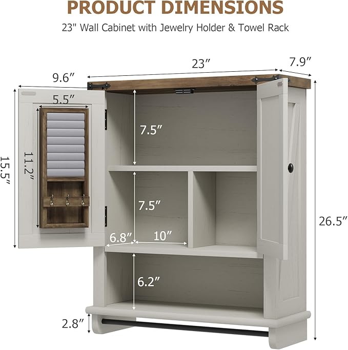 QUW Farmhouse Bathroom Wall Cabinet, Modern Medicine Cabinets with Towel Bar & Jewelry Holder, Over The Toilet Storage Cabinet with Barn Door for Laundry, Living Room, Hallway, Antique White