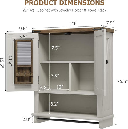 QUW Farmhouse Bathroom Wall Cabinet, Modern Medicine Cabinets with Towel Bar & Jewelry Holder, Over The Toilet Storage Cabinet with Barn Door for Laundry, Living Room, Hallway, Antique White