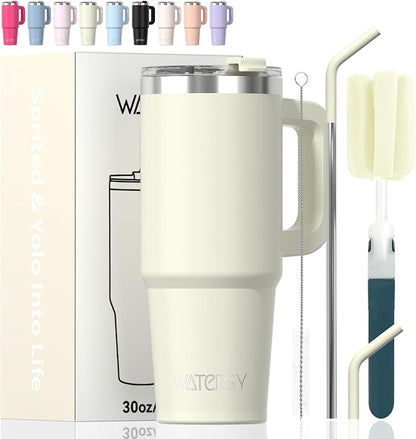 30 oz Tumbler with Handle,Tumbler with Lid and Straw,Double Wall Insulated Cup Stainless Steel Travel Mug(Cold for 34 Hours),Water Bottle for Iced Tea,Coffee,Cold Beverages(Cream White)