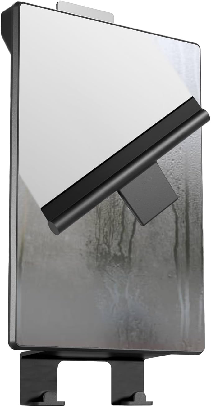 HONEYBULL Fogless Shower Mirror for Shaving – Anti Fog Mirror for Shower with Water Tank, Adhesive Hook Mount, Bonus Razor Holder & Squeegee – for Men and Women, Small Bathroom Accessory (Black)