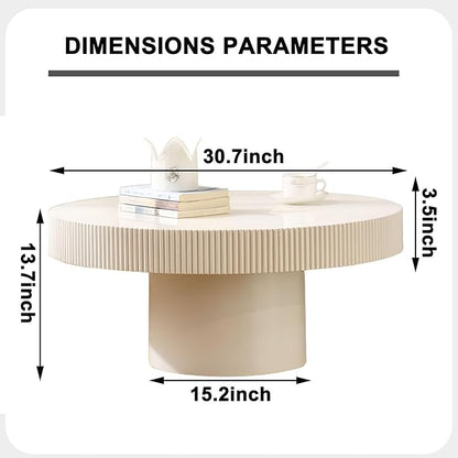 Round Coffee Table, Handcrafted Fluted Drum Coffee Tables Modern Wood Coffee Table Circle Drum Center Table for Living Room, Apartment (White Thin)