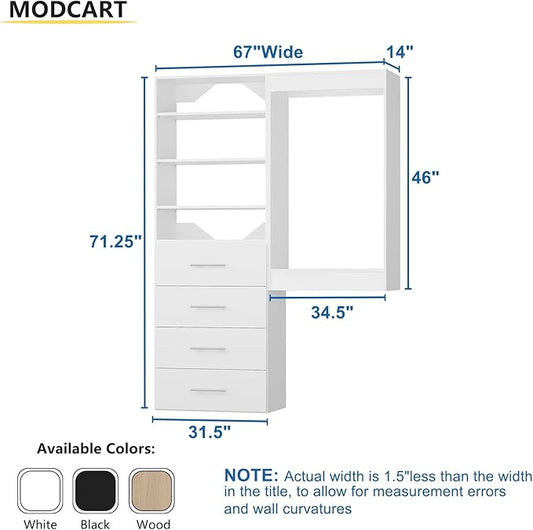 Modular Closet System, 67" Wide Closet Organizer System with Tower and Drawers, Wood Tower Closet Storage for Walk In Closets, Wall Mounted Wardrobe Organizer Kit System, Bedroom, White