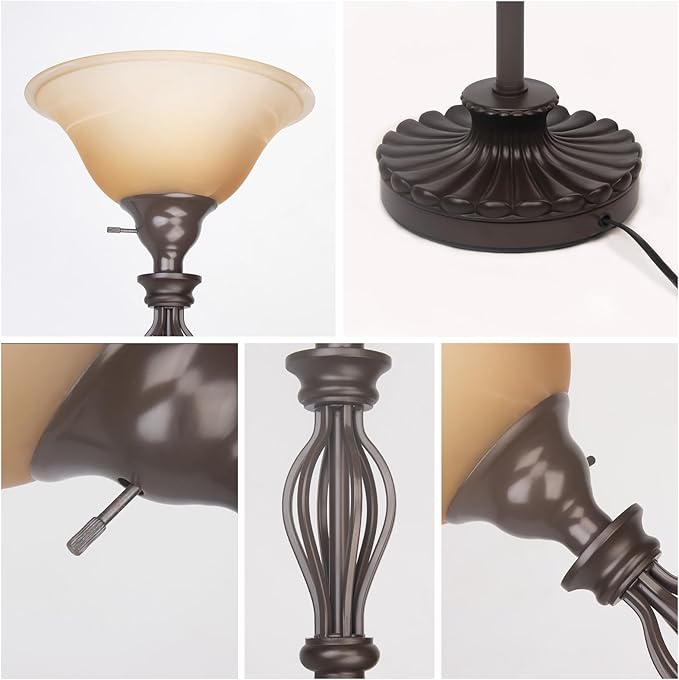 HonoDing Torchiere Floor Lamps for Living Room & Bedroom – Stand Up Lamp with Corner Floor Lamp Design – Traditional Iron Scroll 70" Tall Alabaster Glass Bowl Shade (Brown)