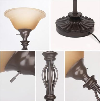 HonoDing Torchiere Floor Lamps for Living Room & Bedroom – Stand Up Lamp with Corner Floor Lamp Design – Traditional Iron Scroll 70" Tall Alabaster Glass Bowl Shade (Brown)