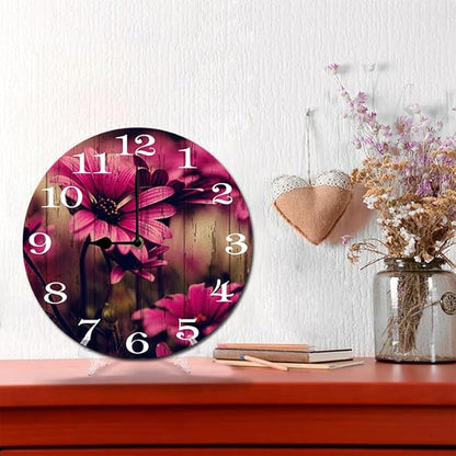 Pink Flowers Wall Clock 10 Inch Silent Non Ticking Battery Operated Wooden Modern Office Simple Minimalist Clock Decorative for Kitchen Home Bathroom Living Room
