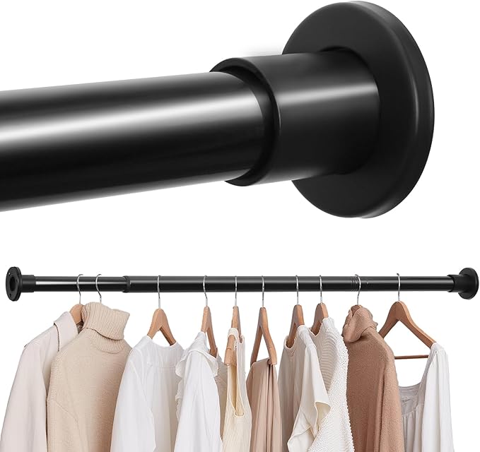 Black Adjustable Closet Rod 18-92 Inches, Heavy Duty Metal Clothes Hanging Rod, Rust-Proof Non-Slip Wardrobe Bar for Closet, Laundry Room, RV