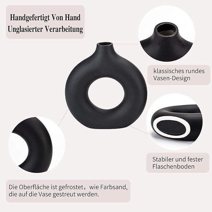 Black Ceramic Donut Vase Set of 2, Big Hollow Round Matte Pampas Flower Vases for Boho Home Wedding Party Room Dinner Table Shelf Decor.