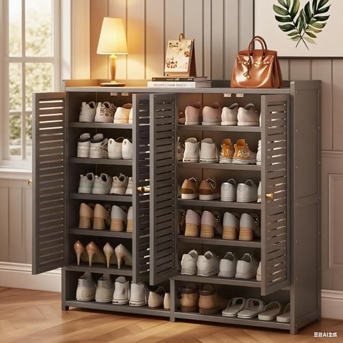 7-Tier Bamboo Shoe Cabinet,Shoe Storage Cabinet with Shelves, Large Shoe Cabinet with Doors,Shoes Rack Organizer for Entryway, Hallway, Living Room