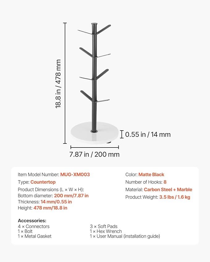 VEVOR Mug Holder Tree with Marble Base, 8 Hooks Coffee Cup Holder for Counter, Carbon Steel Mug Tree Cup Rack Stand, Upgraded Coffee Cup Tree for Coffee Bar Kitchen Home Organizer