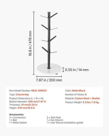 VEVOR Mug Holder Tree with Marble Base, 8 Hooks Coffee Cup Holder for Counter, Carbon Steel Mug Tree Cup Rack Stand, Upgraded Coffee Cup Tree for Coffee Bar Kitchen Home Organizer