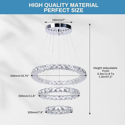 Modern LED Crystal Chandeliers 3 Ring Round Pendant Lighting Fixtures DIY Stainless Steel Ceiling Lamp Hanging Lights for Living Room Dining Room Bedroom Kitchen (Warm Light)